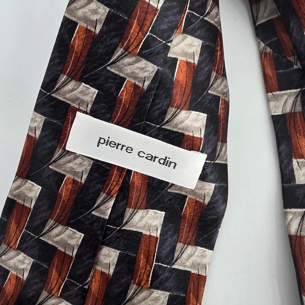 VINTAGE Pierre Cardin 100% Silk Tie Abstract Geometric Blue Burnt Orange